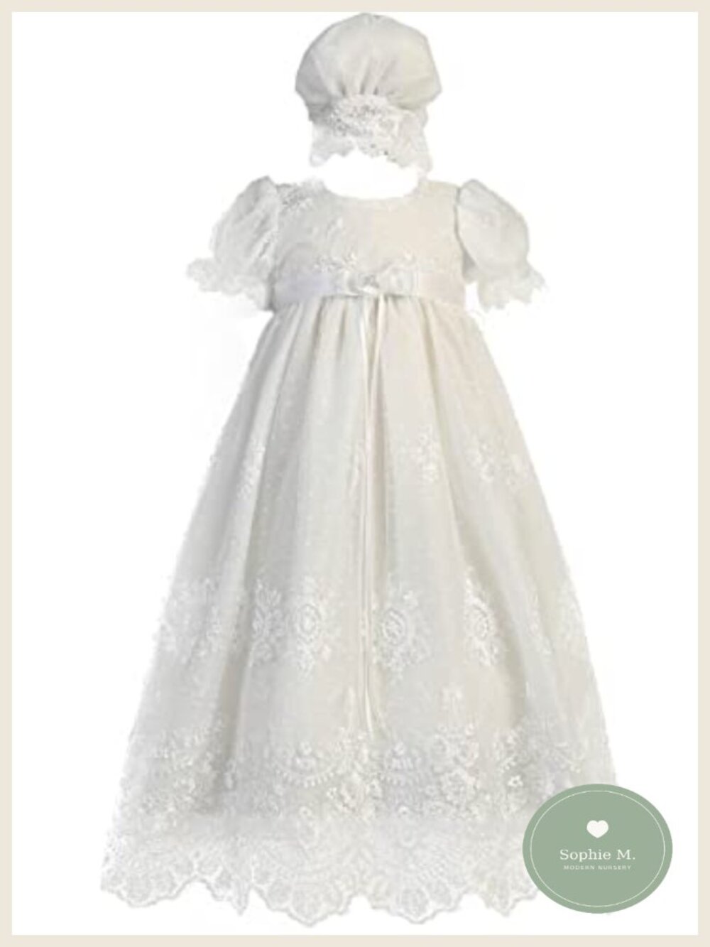 Baby Girl Baptism Dress Christening Gown Embroidered Tulle Floral with Bonnet